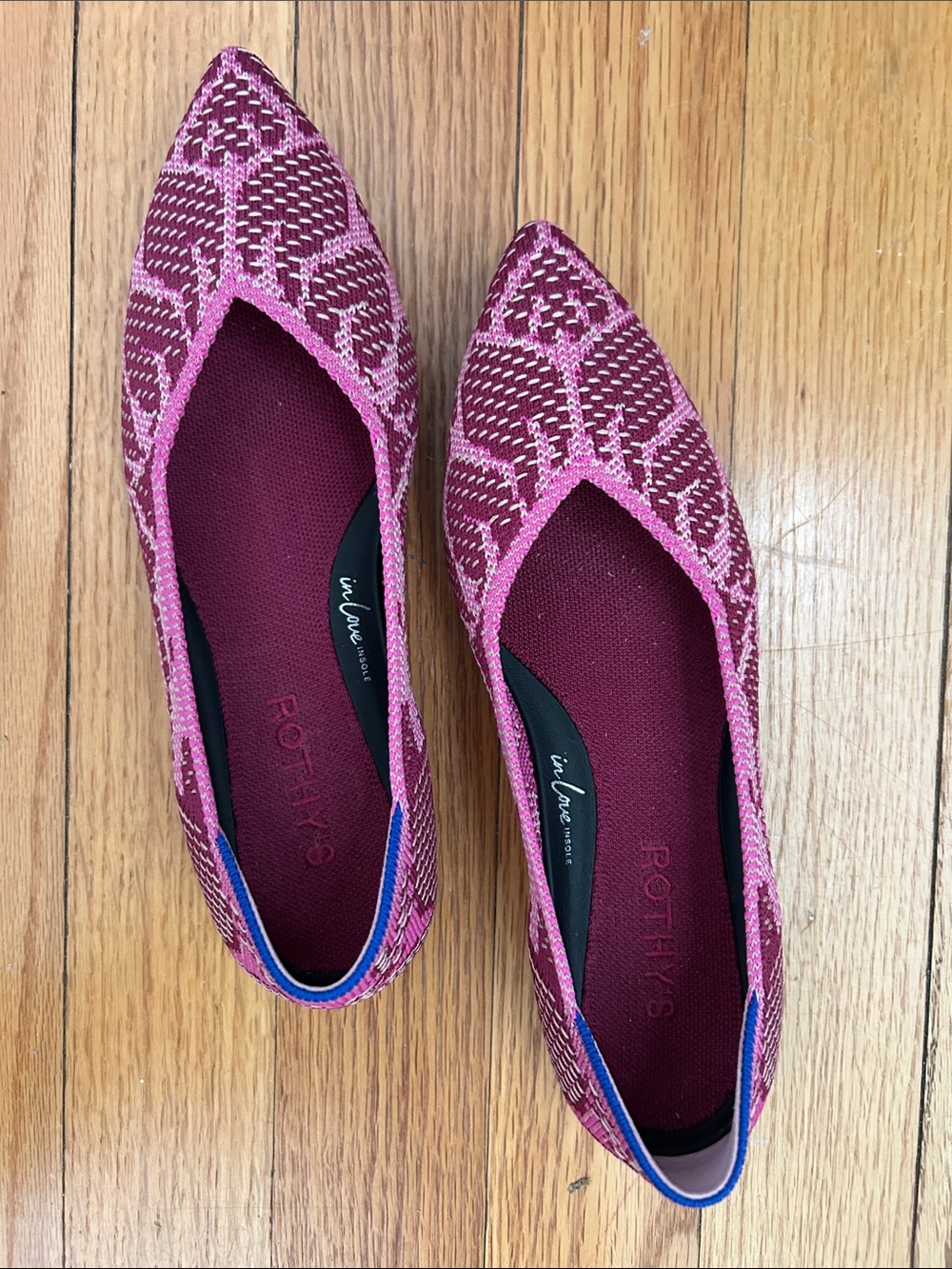 Rothy's Pointed-Toe Flats in Pink and Burgundy Knit